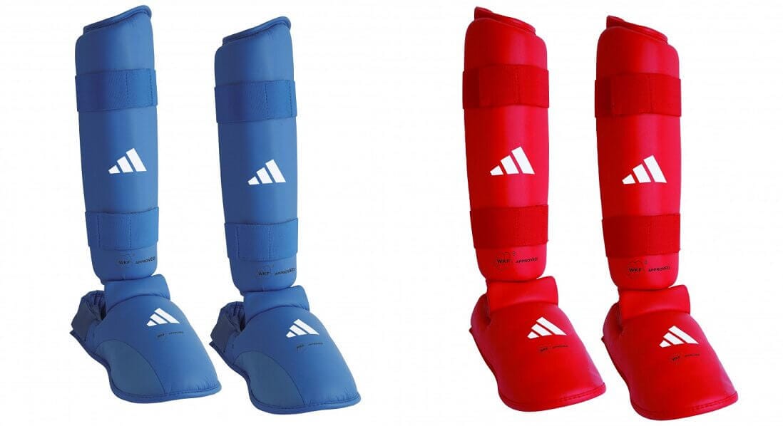 Adidas Karate skinnebens- og fodbeskyttere - blå, rød - WKF 3 Adidas Karate skinnebens- og fodbeskyttere - blå, rød - WKF